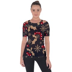 Christmas-pattern-with-snowflakes-berries Shoulder Cut Out Short Sleeve Top