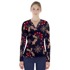 Christmas-pattern-with-snowflakes-berries V-neck Long Sleeve Top