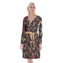 Christmas-pattern-with-snowflakes-berries Long Sleeve Velvet Front Wrap Dress