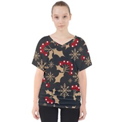 Christmas-pattern-with-snowflakes-berries V-neck Dolman Drape Top