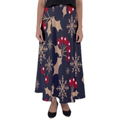 Christmas-pattern-with-snowflakes-berries Flared Maxi Skirt