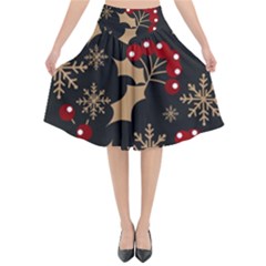 Christmas-pattern-with-snowflakes-berries Flared Midi Skirt