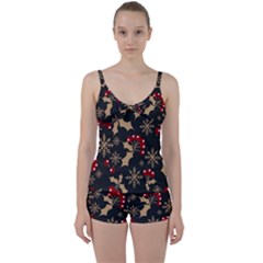 Christmas-pattern-with-snowflakes-berries Tie Front Two Piece Tankini by Simbadda