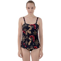 Christmas-pattern-with-snowflakes-berries Twist Front Tankini Set by Simbadda