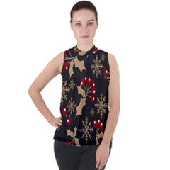 Christmas-pattern-with-snowflakes-berries Mock Neck Chiffon Sleeveless Top