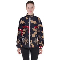 Christmas-pattern-with-snowflakes-berries Women s High Neck Windbreaker