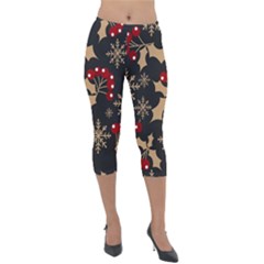 Christmas-pattern-with-snowflakes-berries Lightweight Velour Capri Leggings 