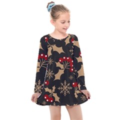 Christmas-pattern-with-snowflakes-berries Kids  Long Sleeve Dress