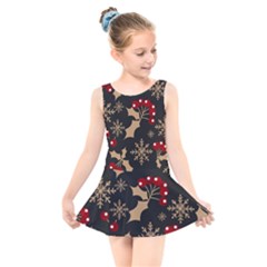 Christmas-pattern-with-snowflakes-berries Kids  Skater Dress Swimsuit