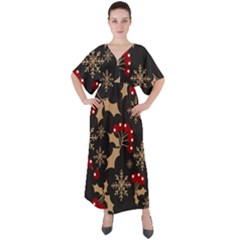 Christmas-pattern-with-snowflakes-berries V-neck Boho Style Maxi Dress