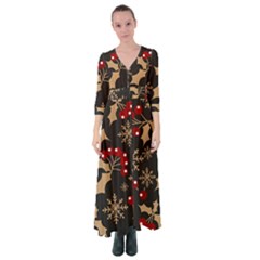 Christmas-pattern-with-snowflakes-berries Button Up Maxi Dress