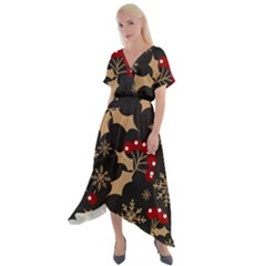 Christmas-pattern-with-snowflakes-berries Cross Front Sharkbite Hem Maxi Dress