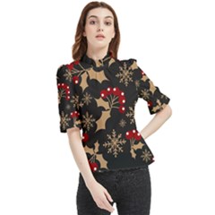 Christmas-pattern-with-snowflakes-berries Frill Neck Blouse