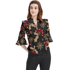 Christmas-pattern-with-snowflakes-berries Loose Horn Sleeve Chiffon Blouse