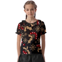 Christmas-pattern-with-snowflakes-berries Kids  Frill Chiffon Blouse