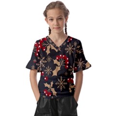 Christmas-pattern-with-snowflakes-berries Kids  V-neck Horn Sleeve Blouse