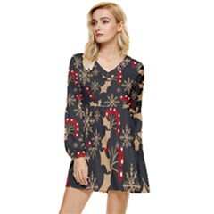 Christmas-pattern-with-snowflakes-berries Tiered Long Sleeve Mini Dress