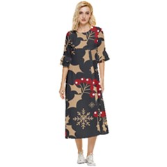 Christmas-pattern-with-snowflakes-berries Double Cuff Midi Dress