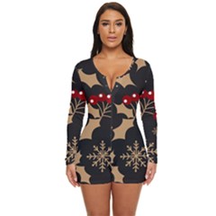 Christmas-pattern-with-snowflakes-berries Long Sleeve Boyleg Swimsuit