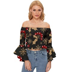 Christmas-pattern-with-snowflakes-berries Off Shoulder Flutter Bell Sleeve Top