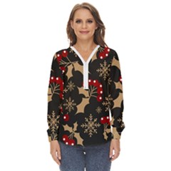 Christmas-pattern-with-snowflakes-berries Zip Up Long Sleeve Blouse