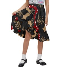 Christmas-pattern-with-snowflakes-berries Kids  Ruffle Flared Wrap Midi Skirt