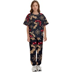 Christmas-pattern-with-snowflakes-berries Kids  Tee And Pants Sports Set