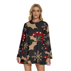 Christmas-pattern-with-snowflakes-berries Round Neck Long Sleeve Bohemian Style Chiffon Mini Dress