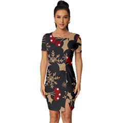 Christmas-pattern-with-snowflakes-berries Fitted Knot Split End Bodycon Dress