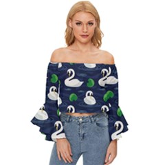 Swan-pattern-elegant-design Off Shoulder Flutter Bell Sleeve Top