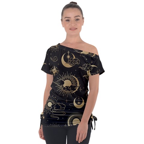 Asian Seamless Pattern With Clouds Moon Sun Stars Vector Collection Oriental Chinese Japanese Korean Off Shoulder Tie-up Tee by Grandong