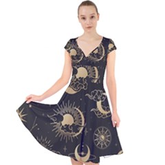 Asian Seamless Pattern With Clouds Moon Sun Stars Vector Collection Oriental Chinese Japanese Korean Cap Sleeve Front Wrap Midi Dress by Grandong