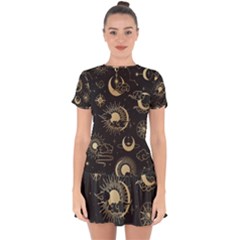 Asian Seamless Pattern With Clouds Moon Sun Stars Vector Collection Oriental Chinese Japanese Korean Drop Hem Mini Chiffon Dress by Grandong