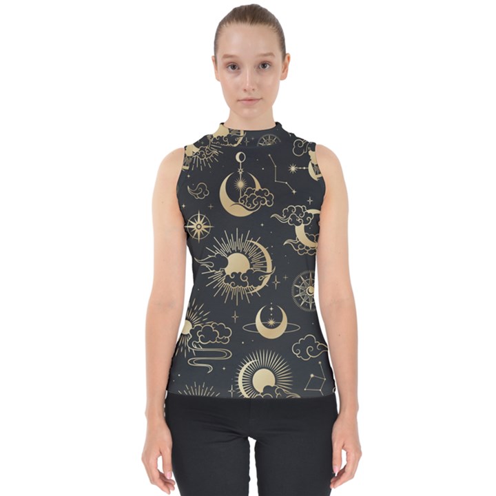 Asian Seamless Pattern With Clouds Moon Sun Stars Vector Collection Oriental Chinese Japanese Korean Mock Neck Shell Top