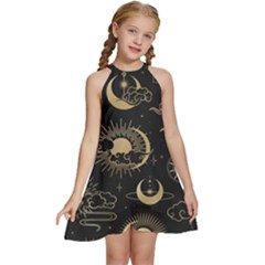 Asian Seamless Pattern With Clouds Moon Sun Stars Vector Collection Oriental Chinese Japanese Korean Kids  Halter Collar Waist Tie Chiffon Dress by Grandong