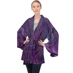 Feather Pattern Texture Form Long Sleeve Velvet Kimono  by Grandong