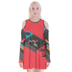 Gaming Console Video Velvet Long Sleeve Shoulder Cutout Dress by Grandong