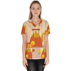 Tea Pot Cup Drawing Women s V-neck Scrub Top by Grandong