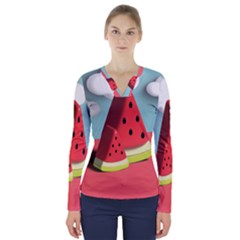 Strawberries Fruit V-neck Long Sleeve Top by Grandong