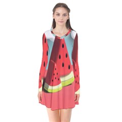 Strawberries Fruit Long Sleeve V-neck Flare Dress by Grandong