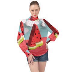 Strawberries Fruit High Neck Long Sleeve Chiffon Top