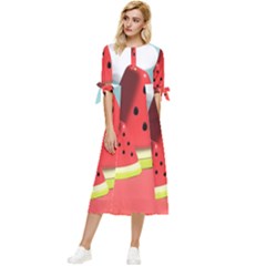 Strawberries Fruit Bow Sleeve Chiffon Midi Dress by Grandong