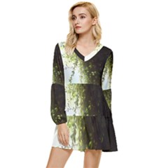 Branch Plant Shrub Green Natural Tiered Long Sleeve Mini Dress by Grandong