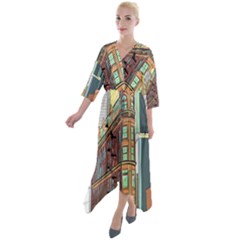 Building Urban Architecture Tower Quarter Sleeve Wrap Front Maxi Dress by Grandong