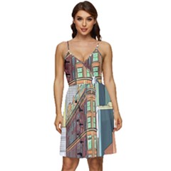 Building Urban Architecture Tower V-neck Pocket Summer Dress 