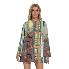 Building Urban Architecture Tower Round Neck Long Sleeve Bohemian Style Chiffon Mini Dress by Grandong