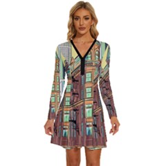 Building Urban Architecture Tower Long Sleeve Deep V Mini Dress  by Grandong