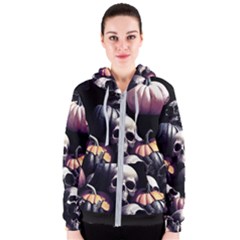 Halloween Party Skulls, Demonic Pumpkins Pattern Women s Zipper Hoodie