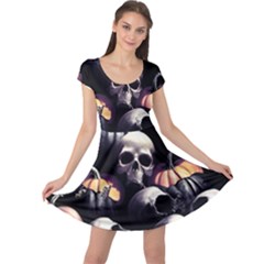 Halloween Party Skulls, Demonic Pumpkins Pattern Cap Sleeve Dress by Casemiro