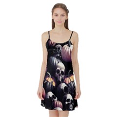 Halloween Party Skulls, Demonic Pumpkins Pattern Satin Night Slip by Casemiro